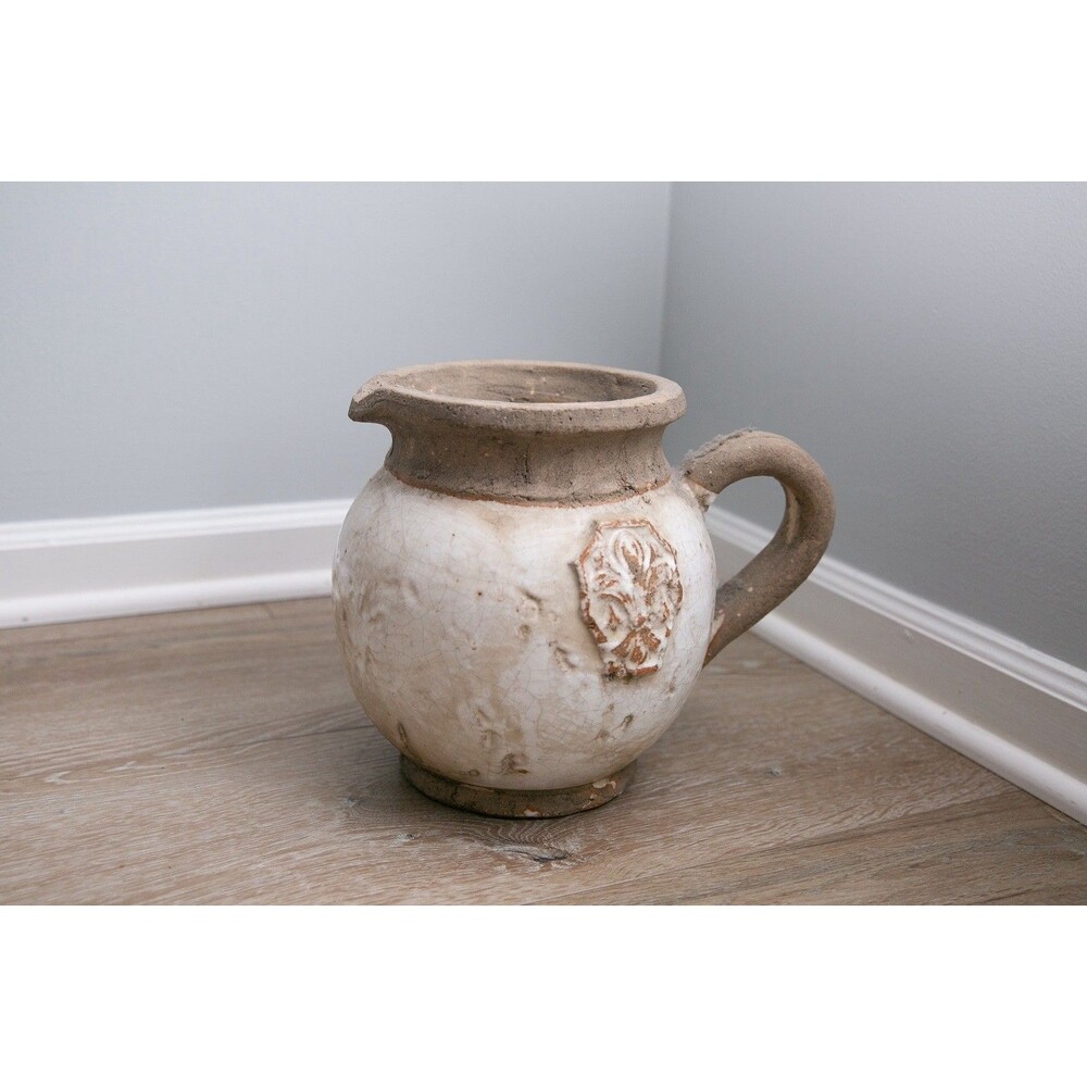 Hand Thrown Pottery Pitcher Vase Rustic Stoneware Fleur de Lis Crackle Glaze 10”
